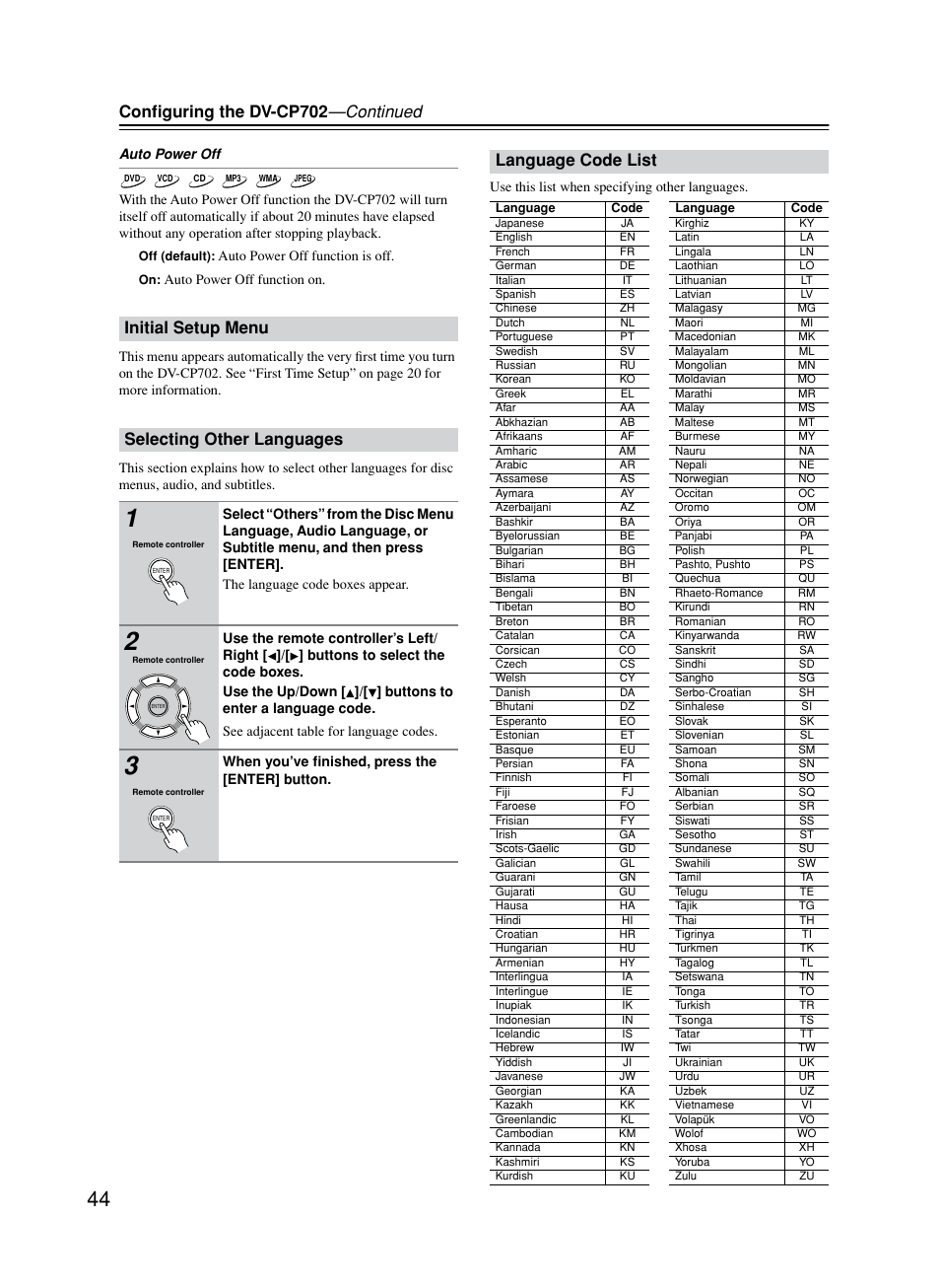 Initial setup menu, Selecting other languages, Language code list | Conﬁguring the dv-cp702 —continued, Initial setup menu selecting other languages | Onkyo DV-CP702 User Manual | Page 44 / 53