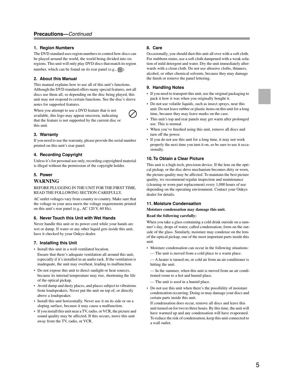 Precautions— continued, Warning | Onkyo DV-CP702 User Manual | Page 5 / 53