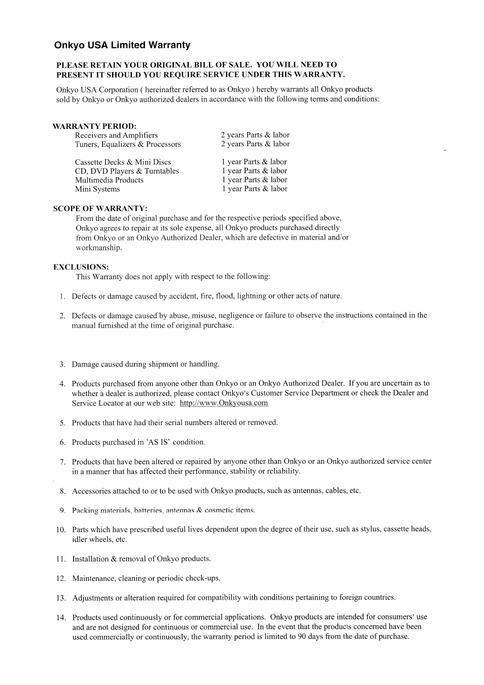 Warranty | Onkyo DV-CP702 User Manual | Page 53 / 53