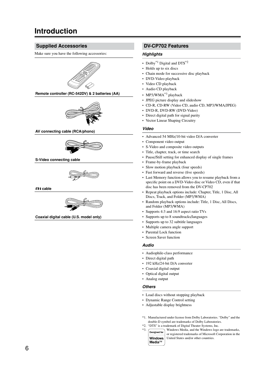 Introduction, Supplied accessories, Features | Dv-cp702 features | Onkyo DV-CP702 User Manual | Page 6 / 53