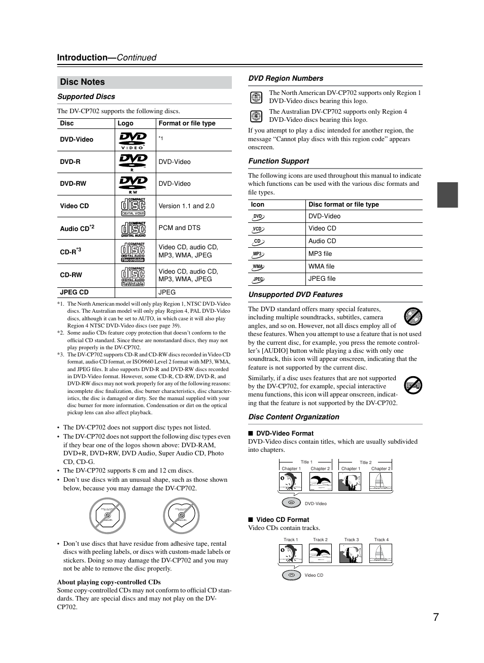 Disc compatibility, Introduction— continued | Onkyo DV-CP702 User Manual | Page 7 / 53
