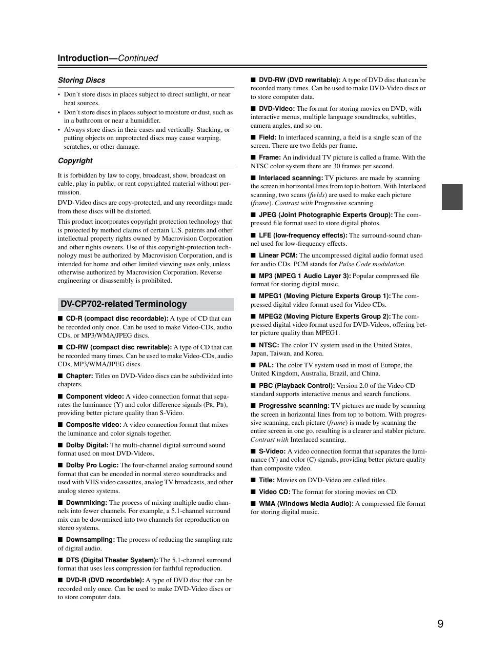 Terminology used in this manual, Introduction— continued, Dv-cp702-related terminology | Onkyo DV-CP702 User Manual | Page 9 / 53