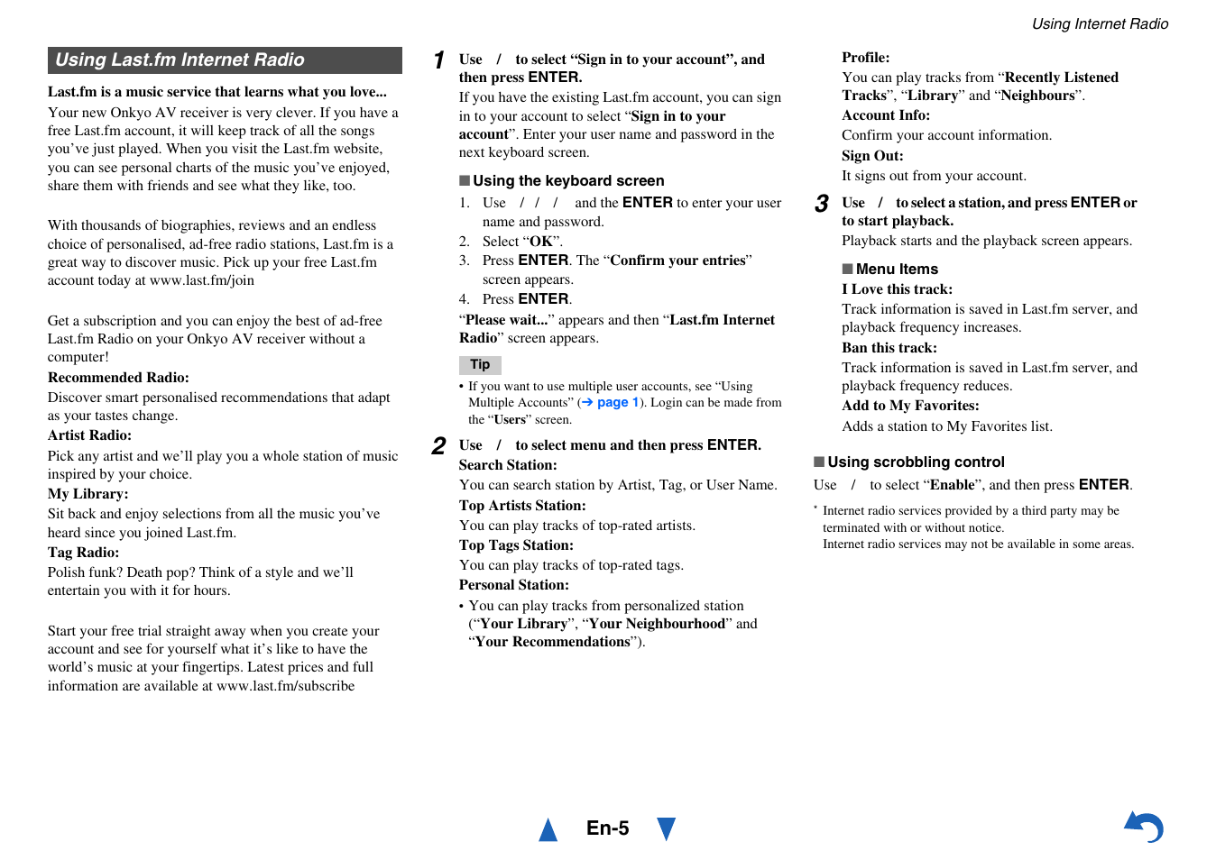 Using last.fm internet radio, En-5 | Onkyo AV RECEIVER HT-RC460 User Manual | Page 101 / 140