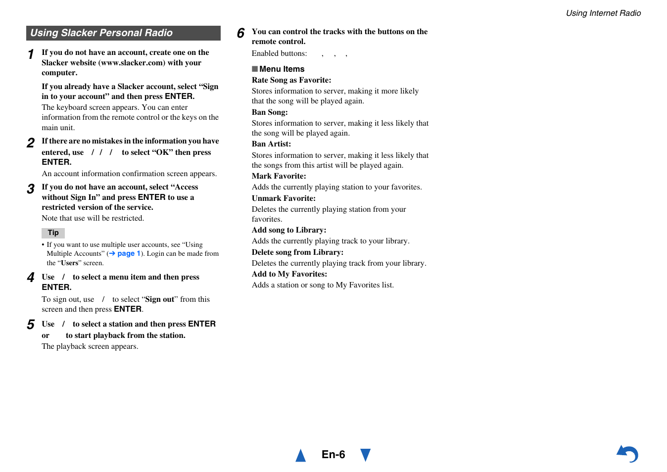 Using slacker personal radio | Onkyo AV RECEIVER HT-RC460 User Manual | Page 102 / 140