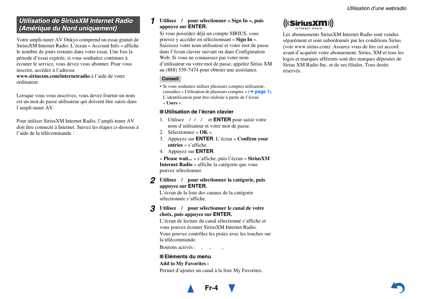 Utilisation de siriusxm internet radio, Amérique du nord uniquement) | Onkyo AV RECEIVER HT-RC460 User Manual | Page 107 / 140