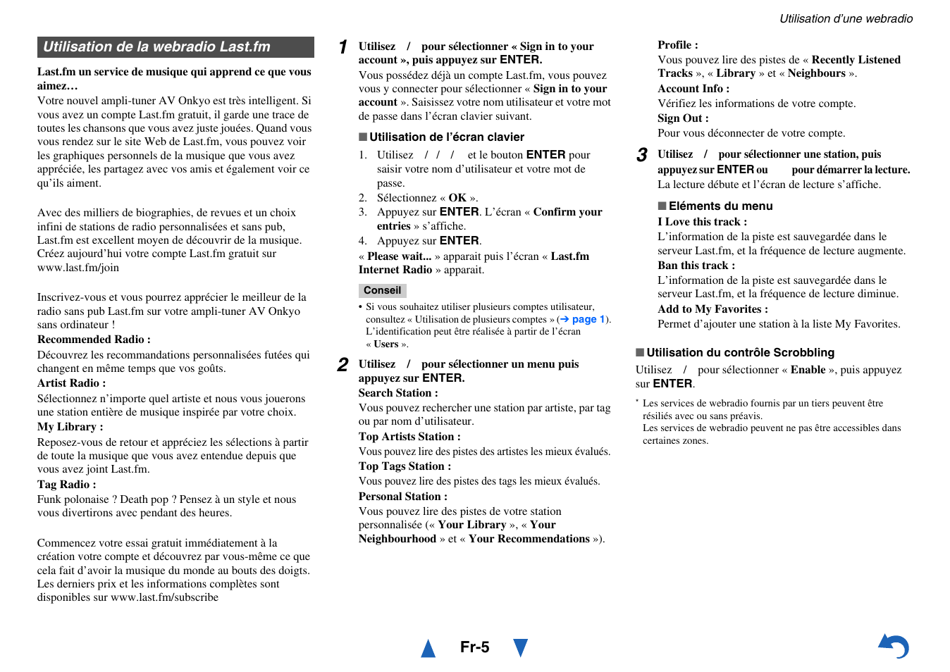 Utilisation de la webradio last.fm, Fr-5 | Onkyo AV RECEIVER HT-RC460 User Manual | Page 108 / 140