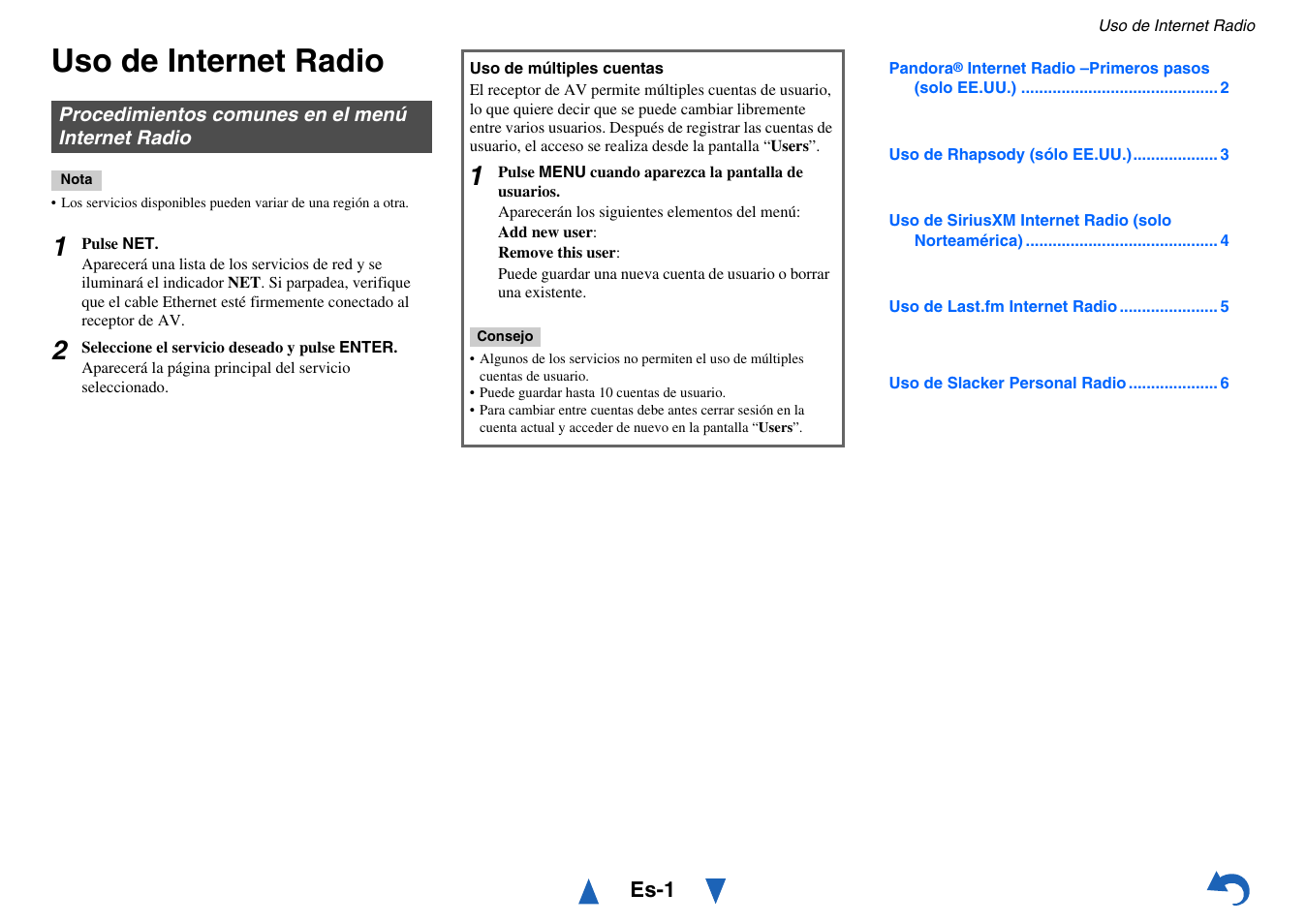 Uso de internet radio, Procedimientos comunes en el menú internet radio | Onkyo AV RECEIVER HT-RC460 User Manual | Page 110 / 140