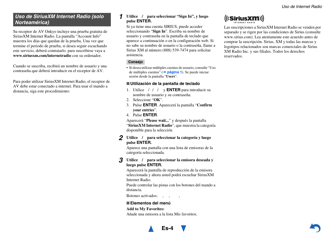 Uso de siriusxm internet radio (solo norteamérica), Uso de siriusxm internet radio (solo, Norteamérica) | Onkyo AV RECEIVER HT-RC460 User Manual | Page 113 / 140