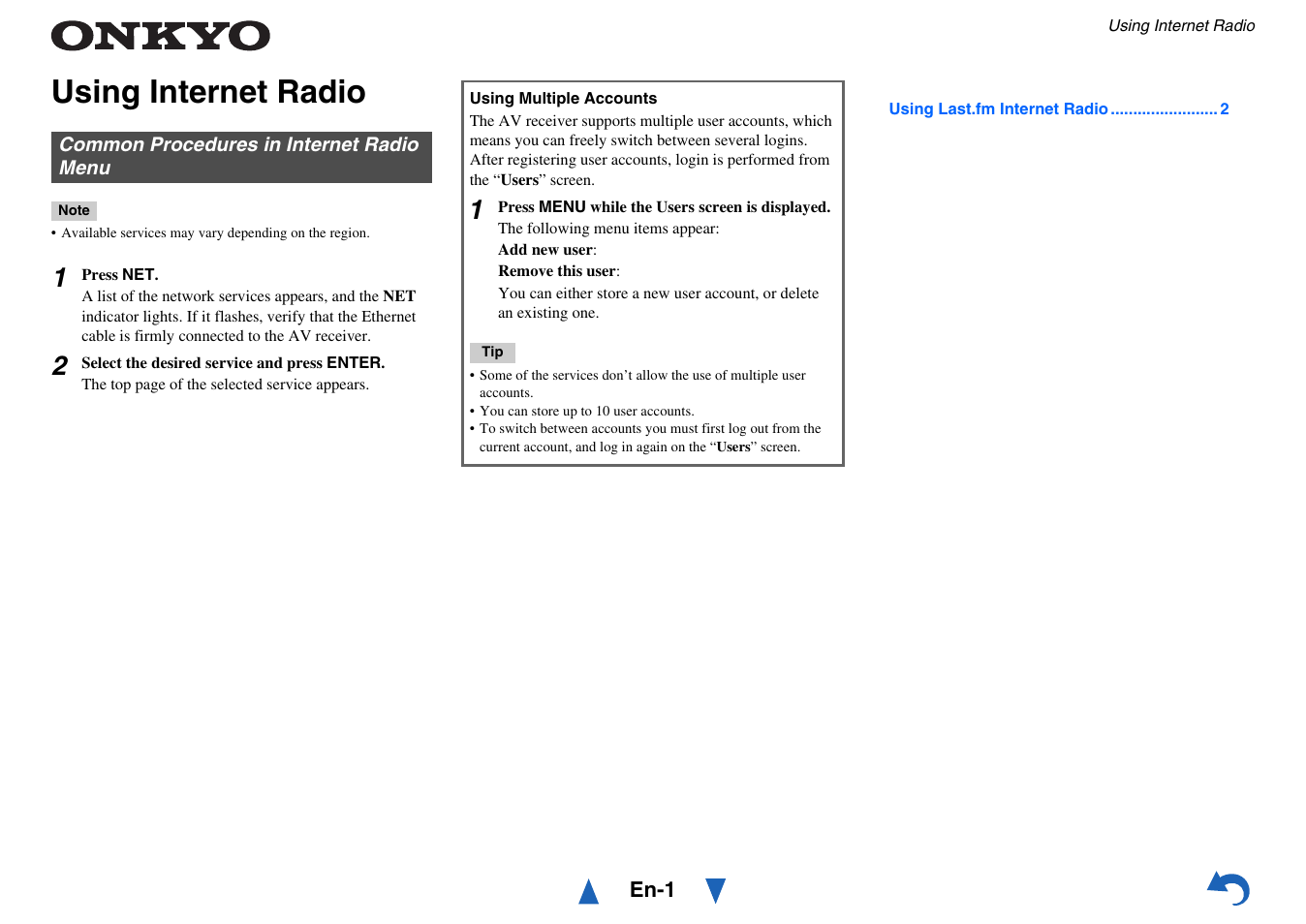 Using internet radio, Common procedures in internet radio menu | Onkyo AV RECEIVER HT-RC460 User Manual | Page 117 / 140