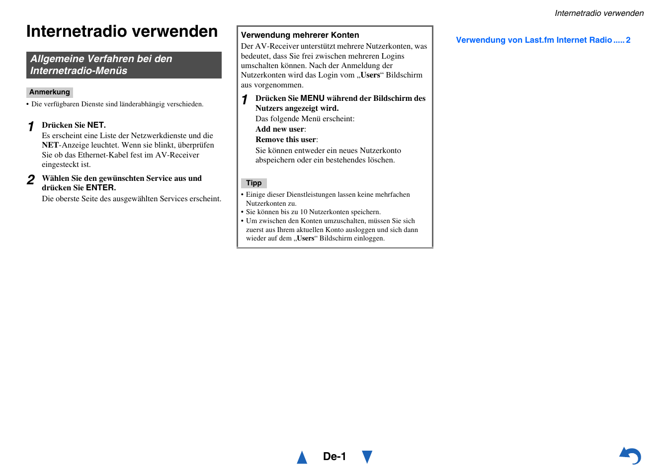 Internetradio verwenden, Allgemeine verfahren bei den internetradio-menüs | Onkyo AV RECEIVER HT-RC460 User Manual | Page 119 / 140