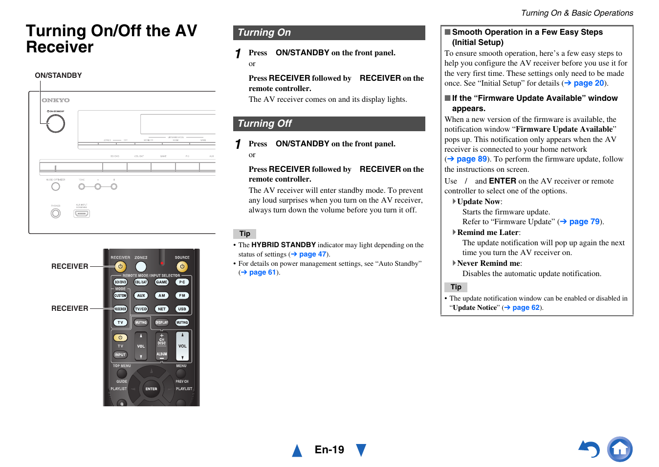 Turning on & basic operations, Turning on/off the av receiver, Turning on | Turning off, Turning on turning off, Button, En-19 | Onkyo AV RECEIVER HT-RC460 User Manual | Page 19 / 140