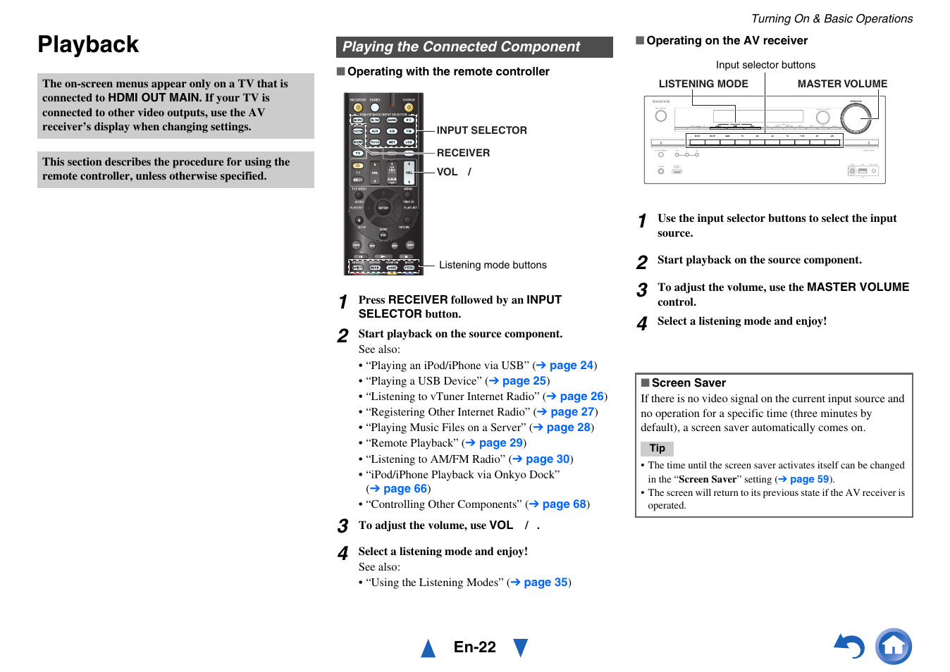 Playback, Playing the connected component | Onkyo AV RECEIVER HT-RC460 User Manual | Page 22 / 140