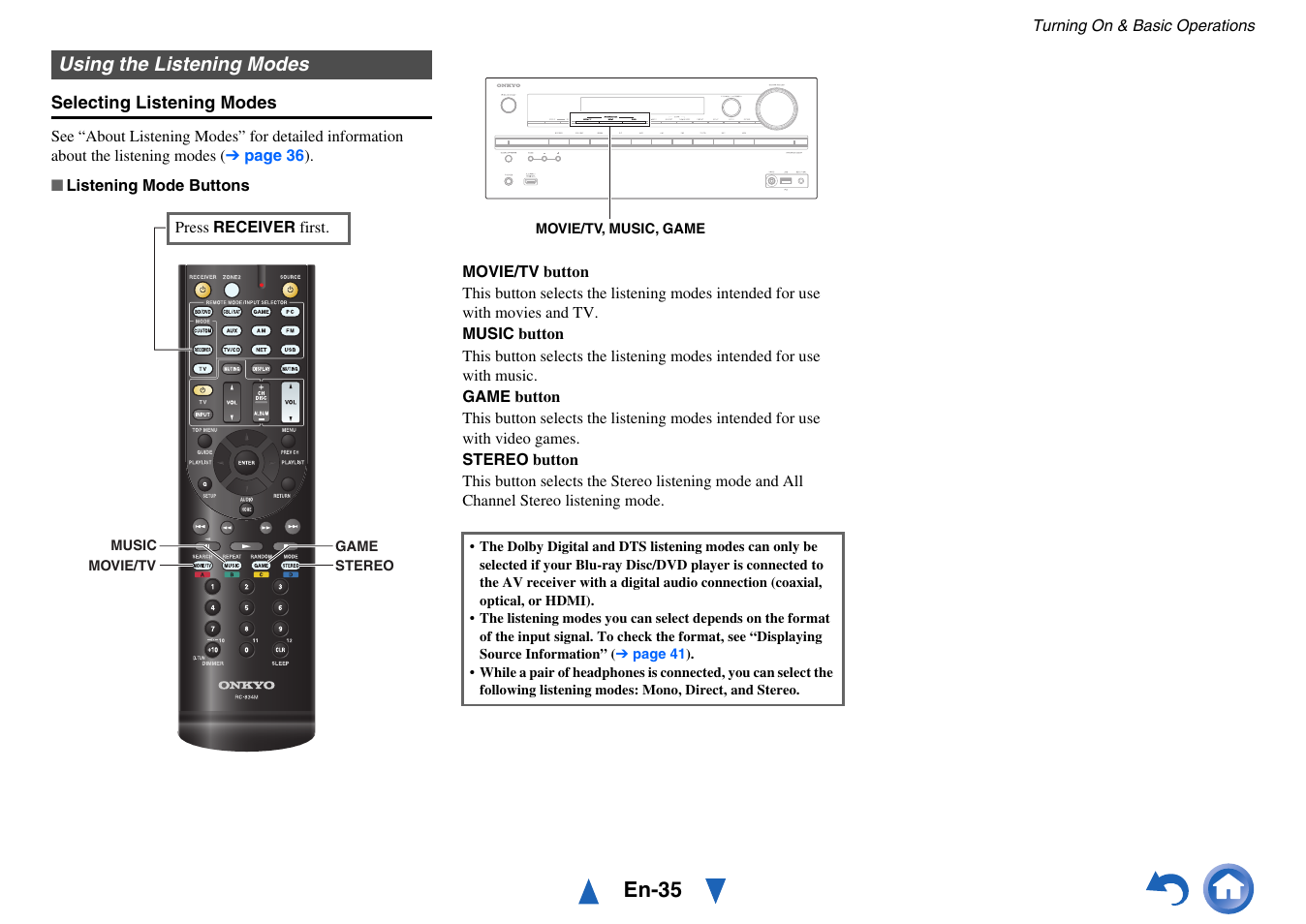 Using the listening modes, En-35 | Onkyo AV RECEIVER HT-RC460 User Manual | Page 35 / 140