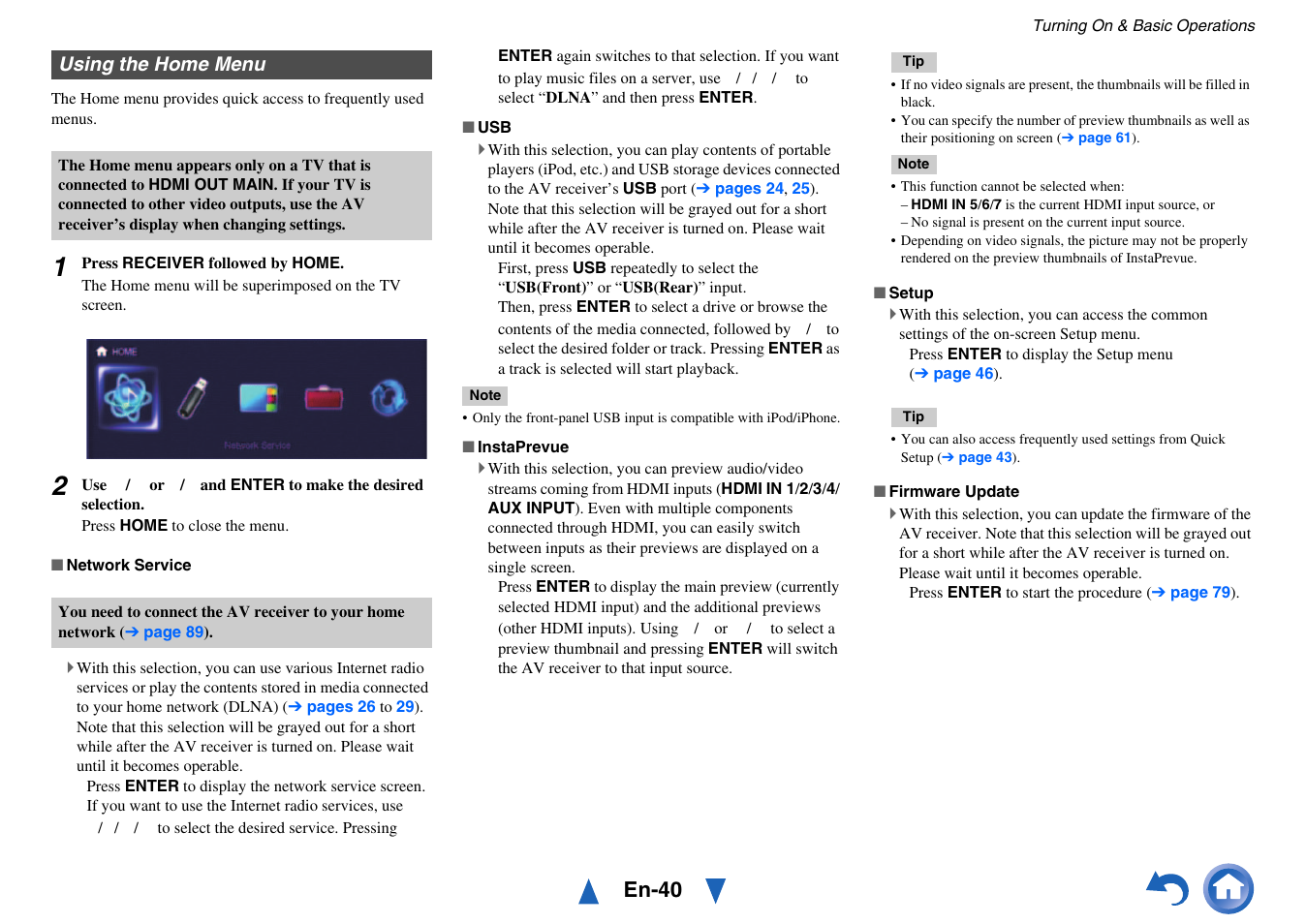 Using the home menu, En-40 | Onkyo AV RECEIVER HT-RC460 User Manual | Page 40 / 140