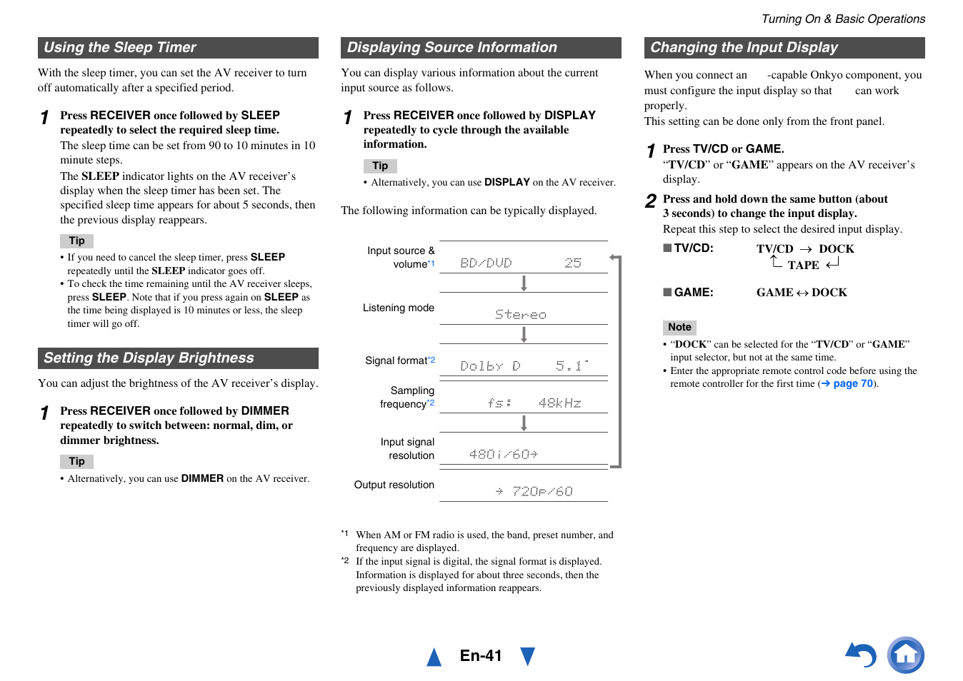 Using the sleep timer, Setting the display brightness, Displaying source information | Changing the input display, See “displaying source information, En-41 | Onkyo AV RECEIVER HT-RC460 User Manual | Page 41 / 140