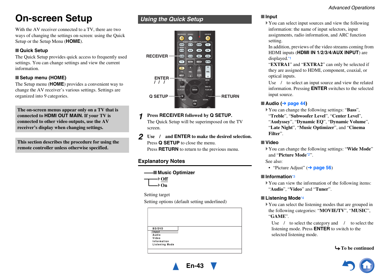 Advanced operations, On-screen setup, Using the quick setup | Button, See “on-screen setup, Details, Setup, En-43 | Onkyo AV RECEIVER HT-RC460 User Manual | Page 43 / 140