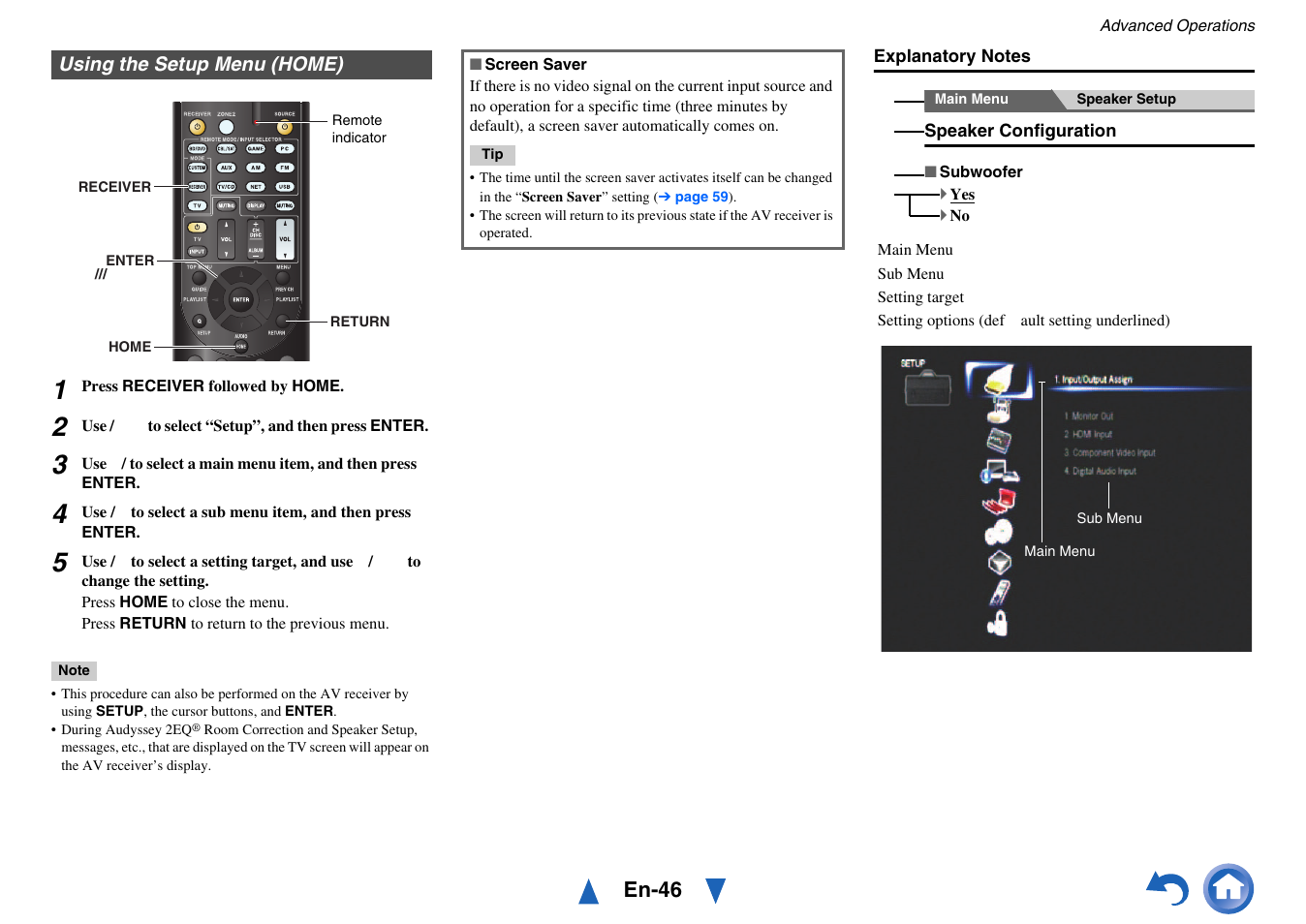 Using the setup menu (home), En-46 | Onkyo AV RECEIVER HT-RC460 User Manual | Page 46 / 140