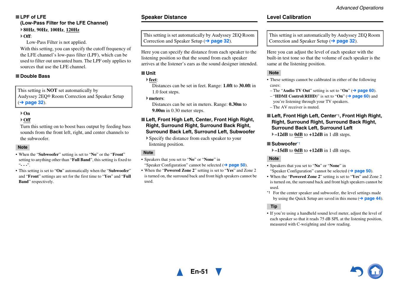 Speaker distance, Level calibration, Go to “level calibration | Before, En-51 | Onkyo AV RECEIVER HT-RC460 User Manual | Page 51 / 140