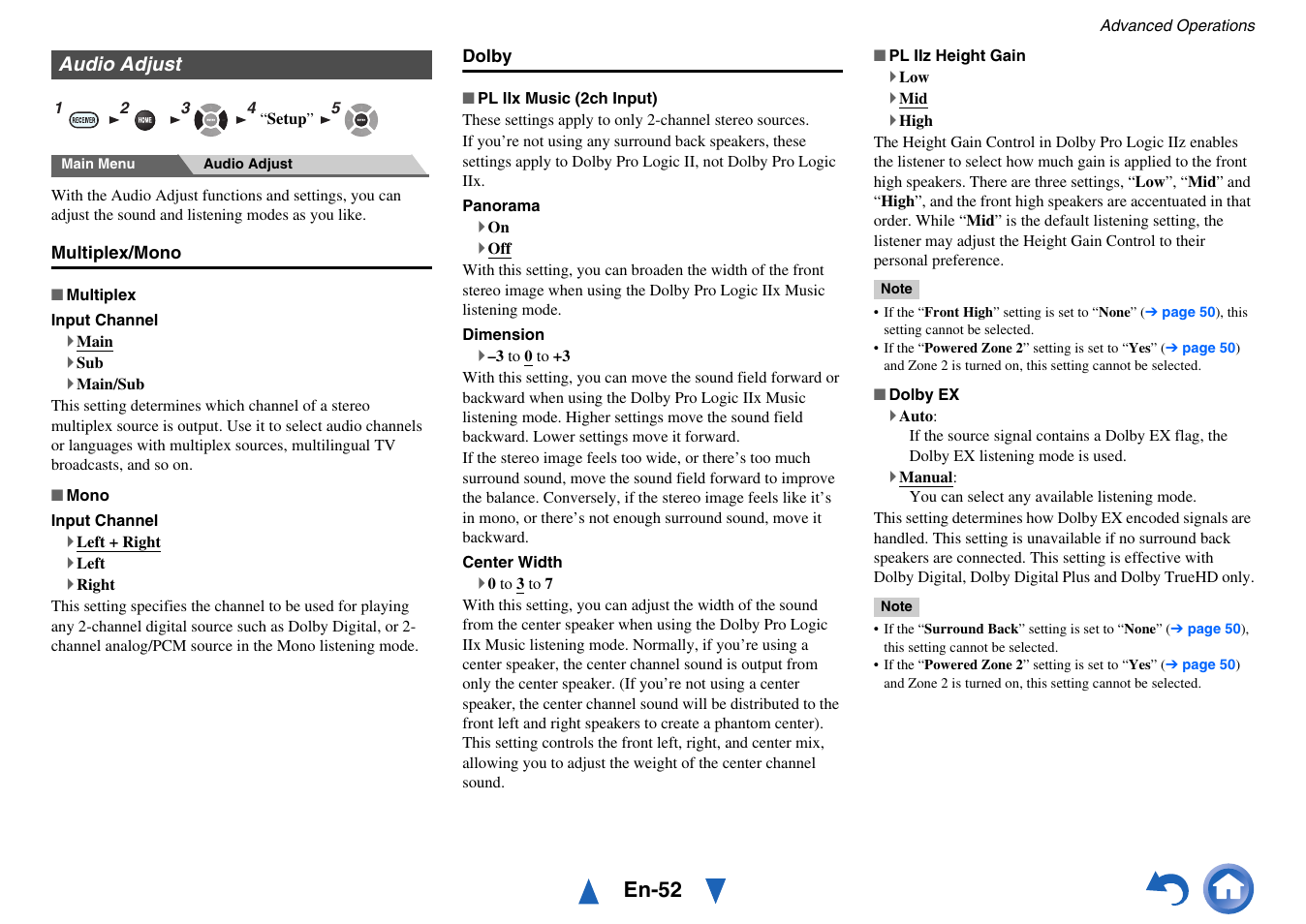 Audio adjust, En-52 | Onkyo AV RECEIVER HT-RC460 User Manual | Page 52 / 140