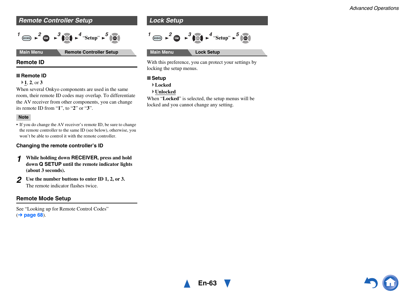 Remote controller setup, Lock setup, Remote controller setup lock setup | En-63 | Onkyo AV RECEIVER HT-RC460 User Manual | Page 63 / 140