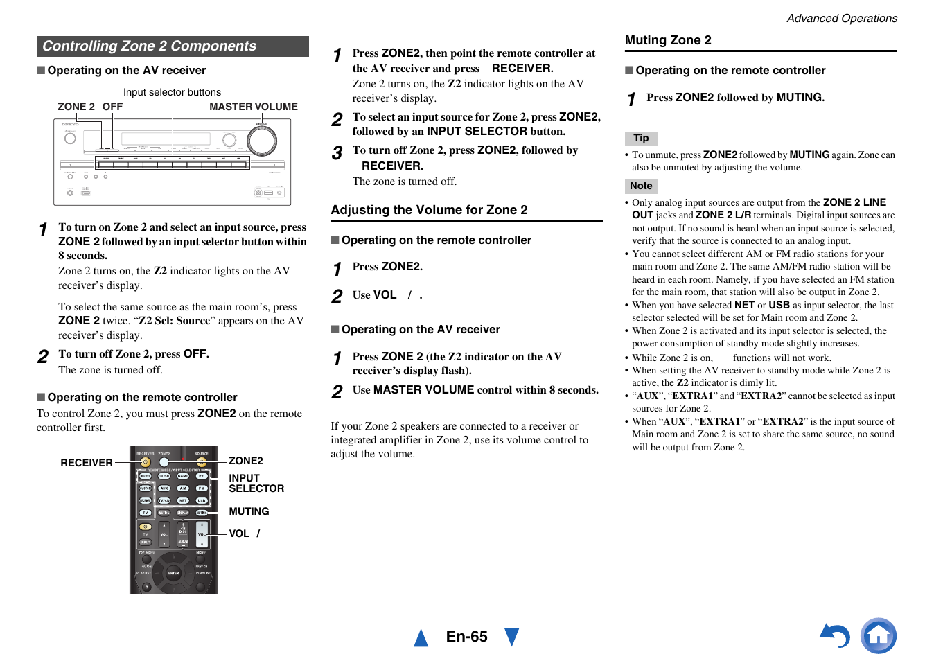 Controlling zone 2 components, Cator | Onkyo AV RECEIVER HT-RC460 User Manual | Page 65 / 140