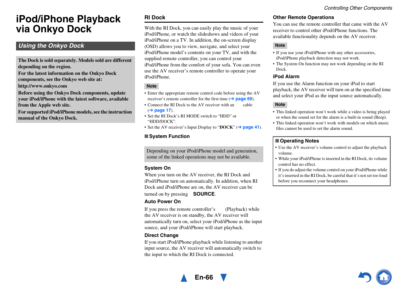 Controlling other components, Ipod/iphone playback via onkyo dock, Using the onkyo dock | En-66 | Onkyo AV RECEIVER HT-RC460 User Manual | Page 66 / 140