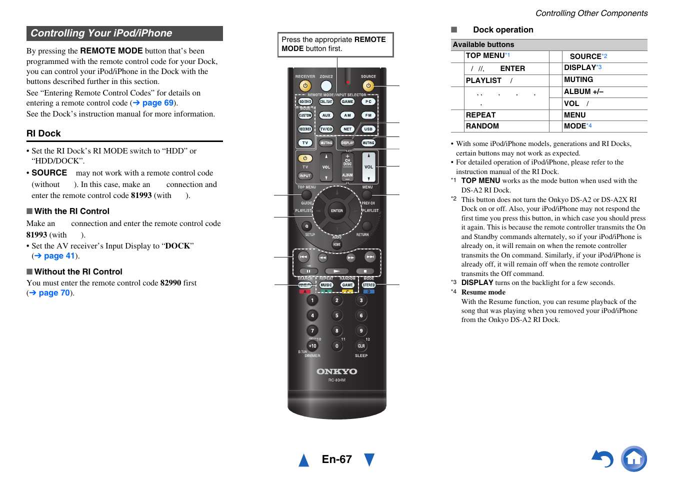 Controlling your ipod/iphone, En-67 | Onkyo AV RECEIVER HT-RC460 User Manual | Page 67 / 140