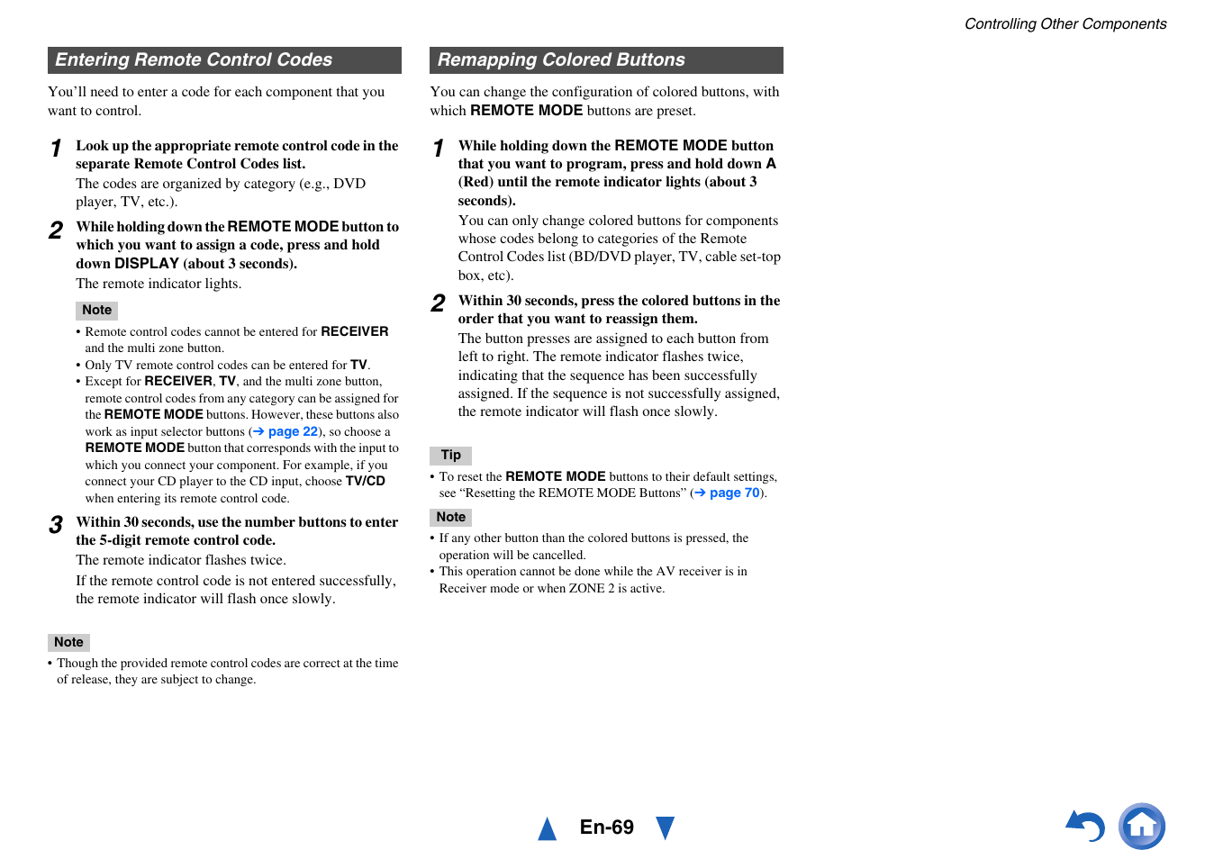 Entering remote control codes, Remapping colored buttons, Entering remote control codes” f | E “entering remote control codes, Ails, See “entering remote control codes” for details | Onkyo AV RECEIVER HT-RC460 User Manual | Page 69 / 140