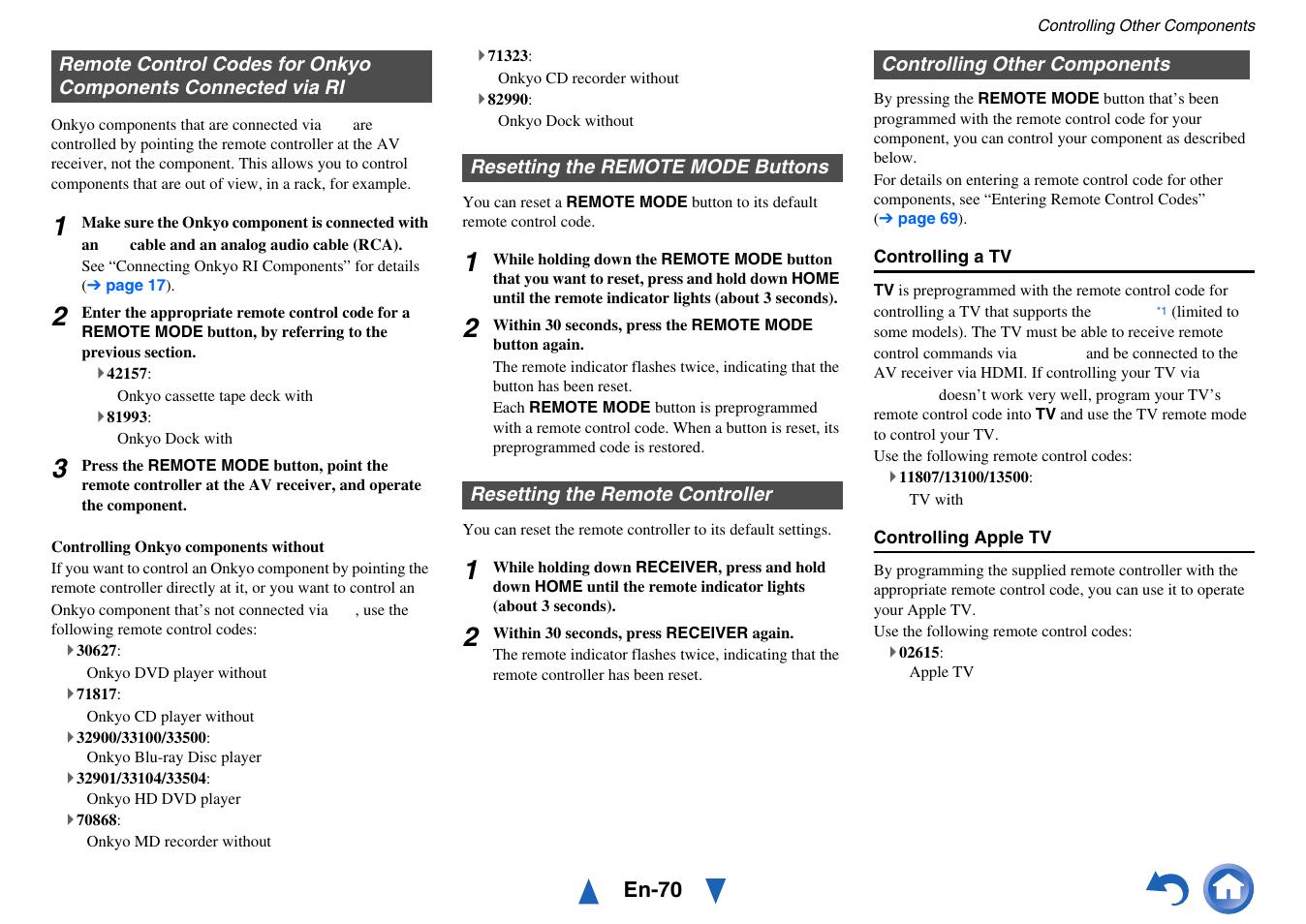 Resetting the remote mode buttons, Resetting the remote controller, Controlling other components | Remote control codes, For onkyo components connected via ri, Player, E “resetting the remote mode buttons | Onkyo AV RECEIVER HT-RC460 User Manual | Page 70 / 140