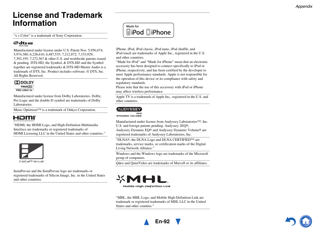 License and trademark information, En-92 | Onkyo AV RECEIVER HT-RC460 User Manual | Page 92 / 140