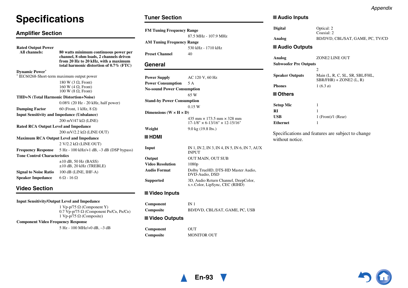 Specifications, En-93 | Onkyo AV RECEIVER HT-RC460 User Manual | Page 93 / 140