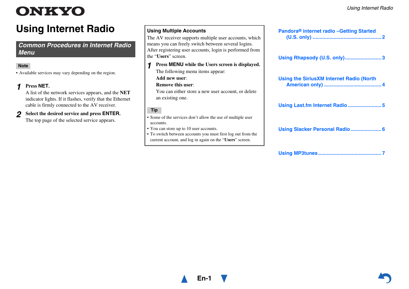 Internet radio guide, Using internet radio, Common procedures in internet radio menu | Onkyo AV RECEIVER HT-RC460 User Manual | Page 97 / 140