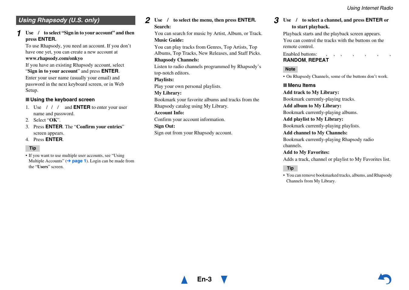 Using rhapsody (u.s. only), En-3 | Onkyo AV RECEIVER HT-RC460 User Manual | Page 99 / 140