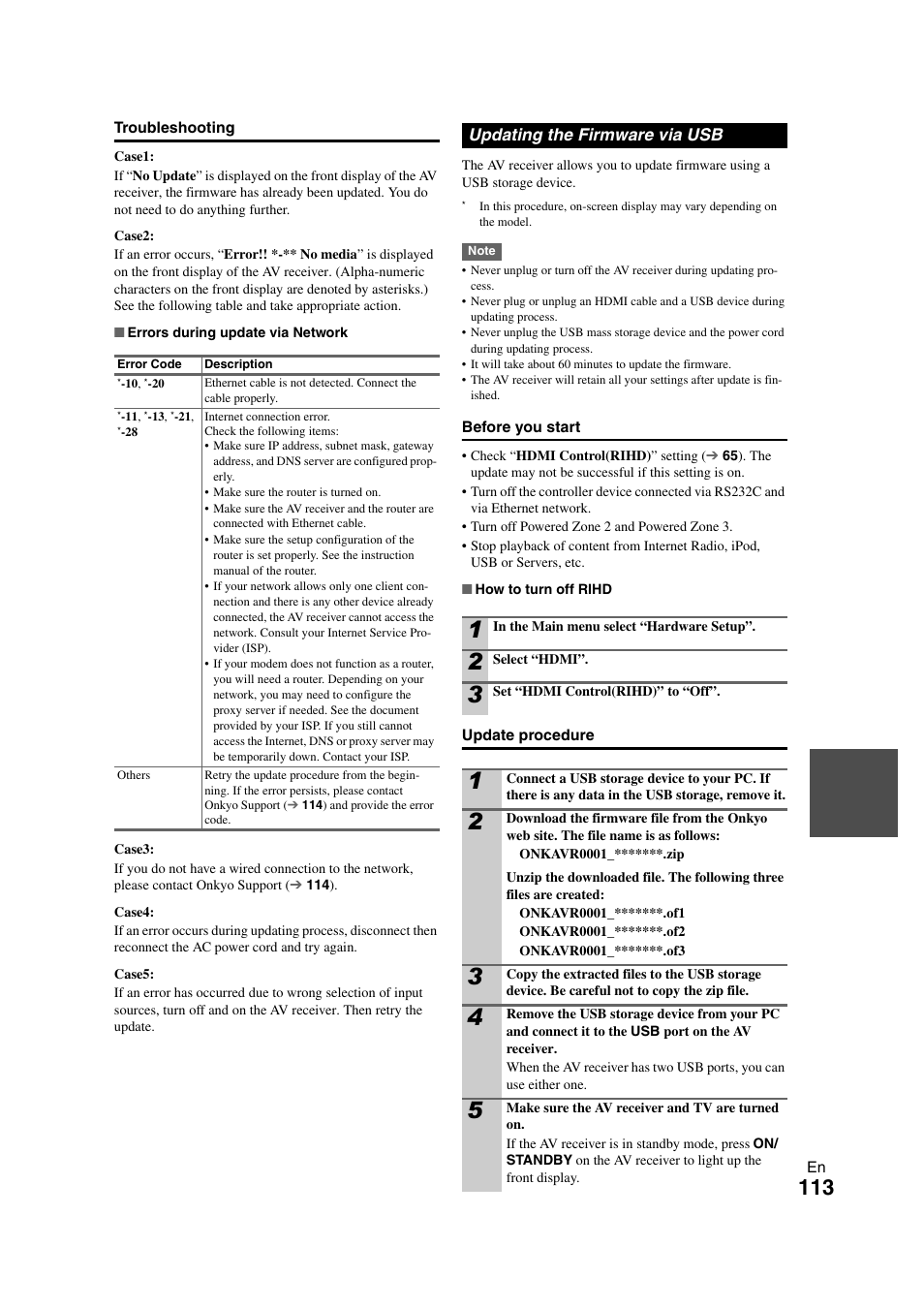 Updating the firmware via usb | Onkyo TX-NR3008 User Manual | Page 113 / 116