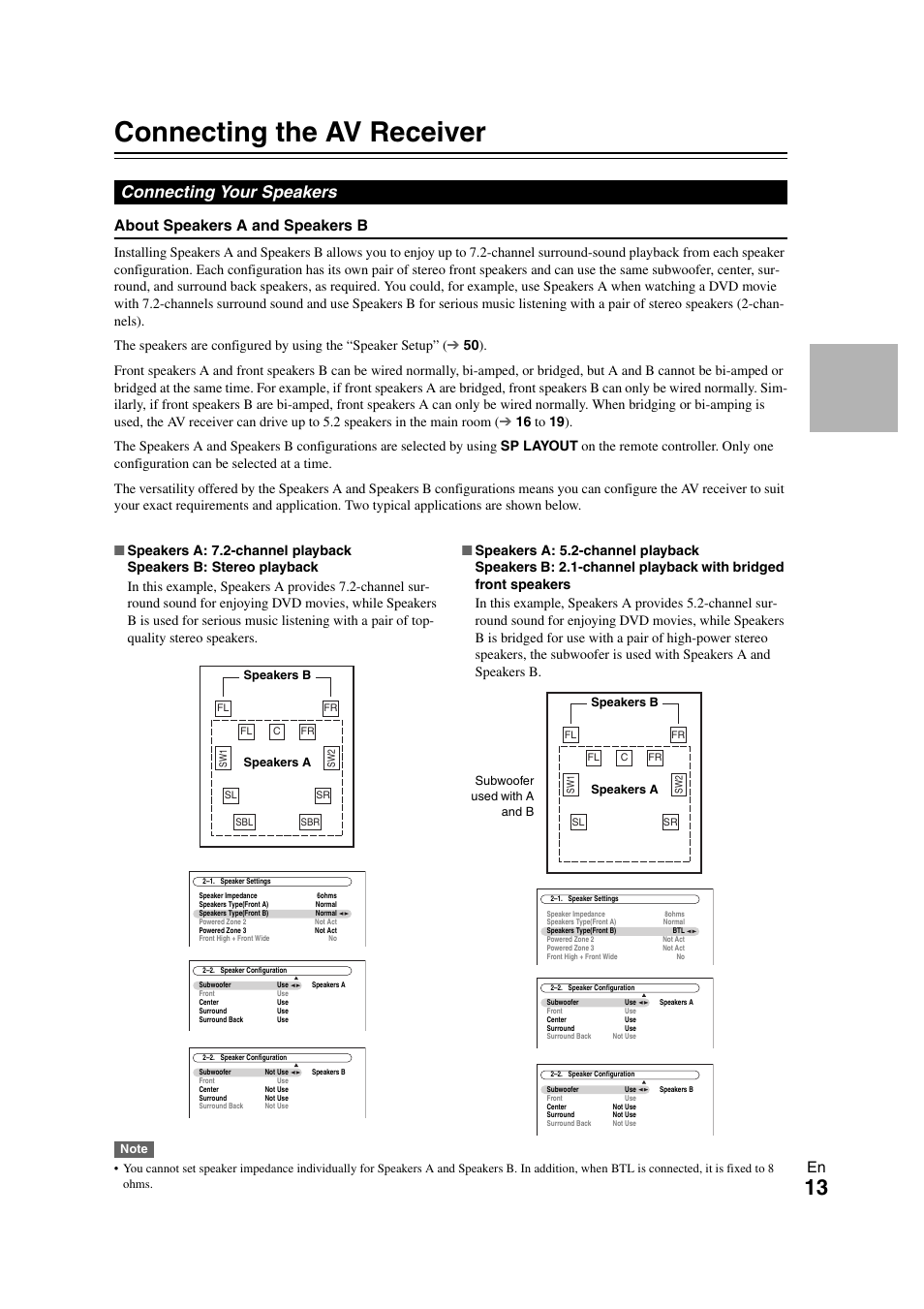 Connections, Connecting the av receiver, Connecting your speakers | About speakers a and speakers b | Onkyo TX-NR3008 User Manual | Page 13 / 116
