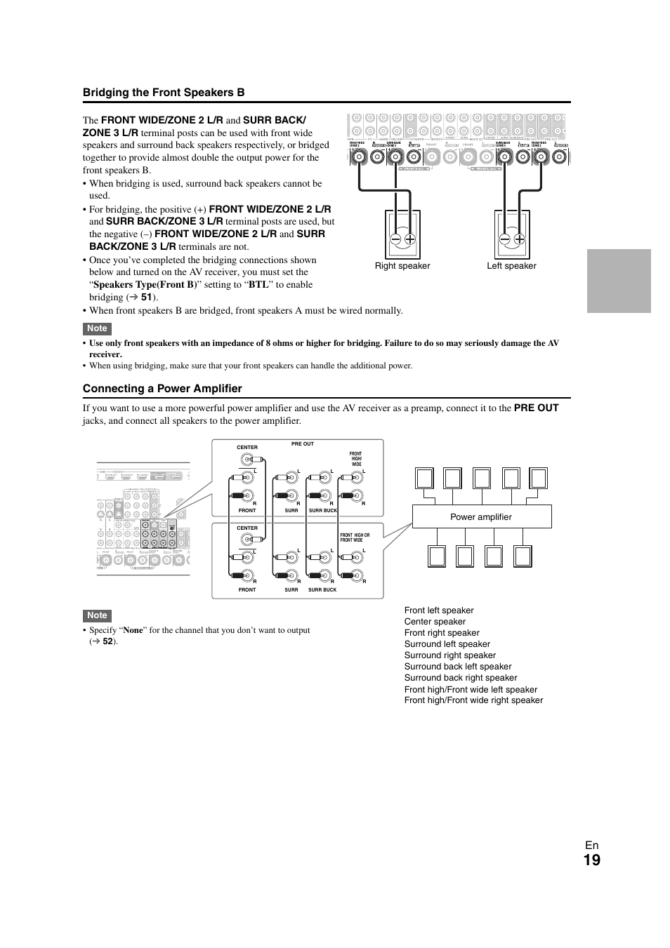 En bridging the front speakers b, Connecting a power amplifier | Onkyo TX-NR3008 User Manual | Page 19 / 116