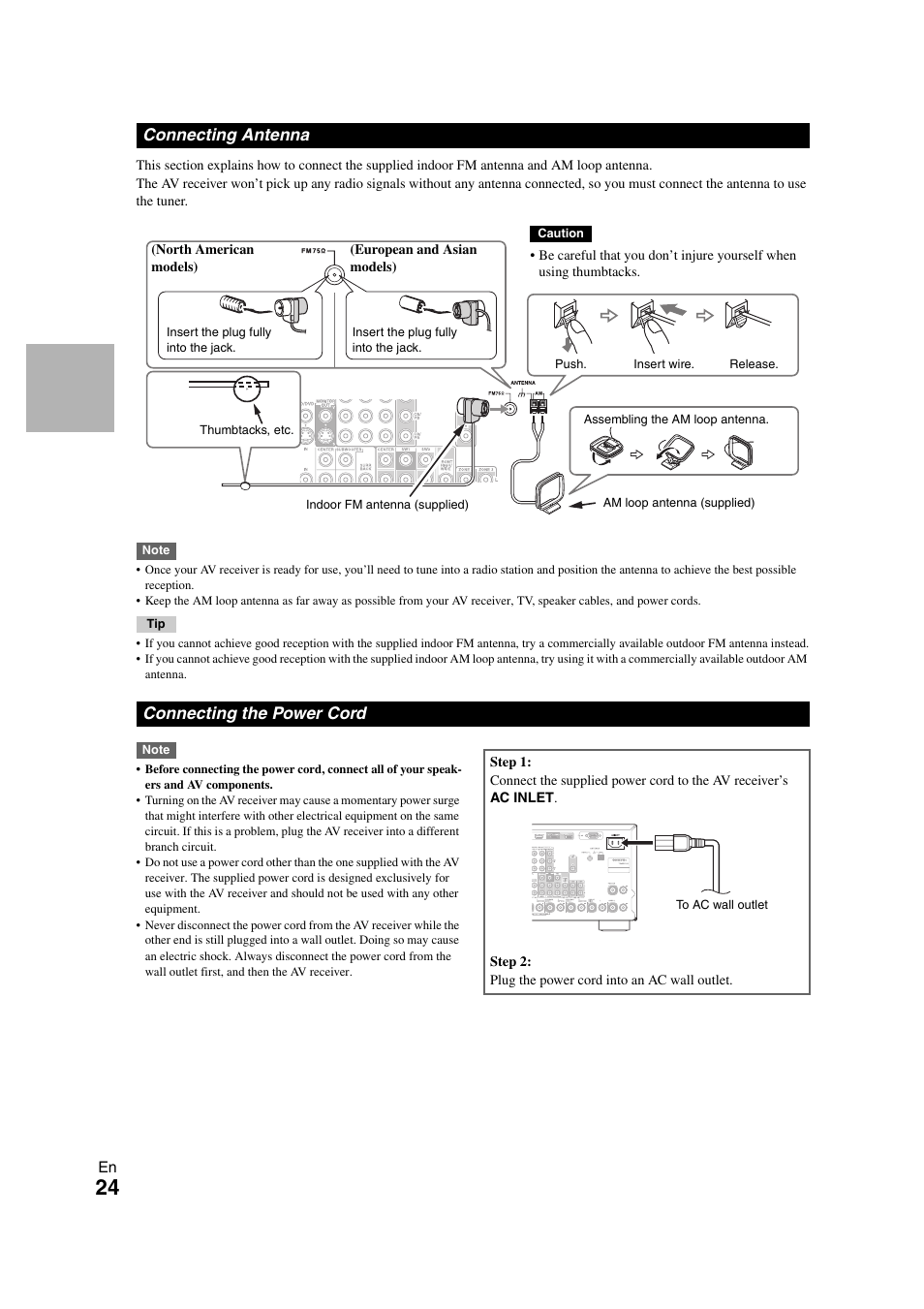 Connecting antenna, Connecting the power cord, Connecting antenna connecting the power cord | Onkyo TX-NR3008 User Manual | Page 24 / 116