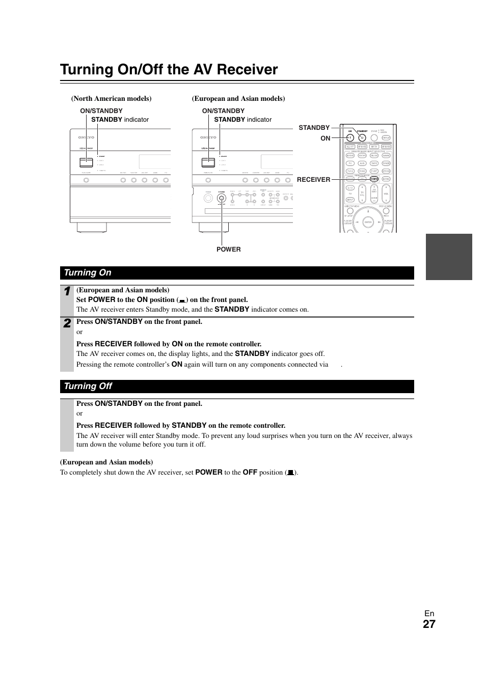 Turning on & basic operations, Turning on/off the av receiver, Turning on | Turning off, Turning on turning off, Tton | Onkyo TX-NR3008 User Manual | Page 27 / 116
