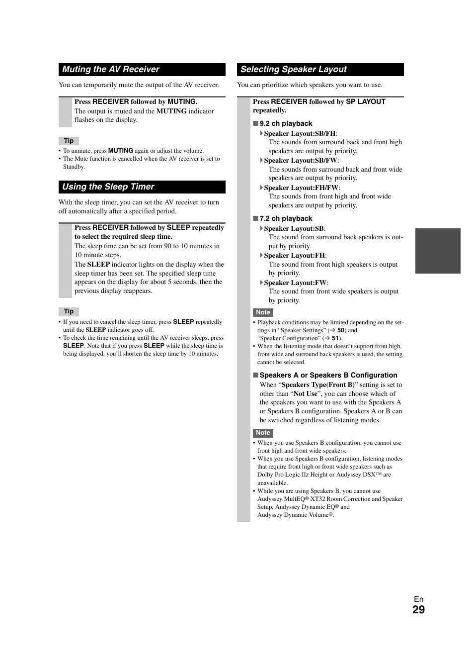 Muting the av receiver, Using the sleep timer, Selecting speaker layout | Tton | Onkyo TX-NR3008 User Manual | Page 29 / 116
