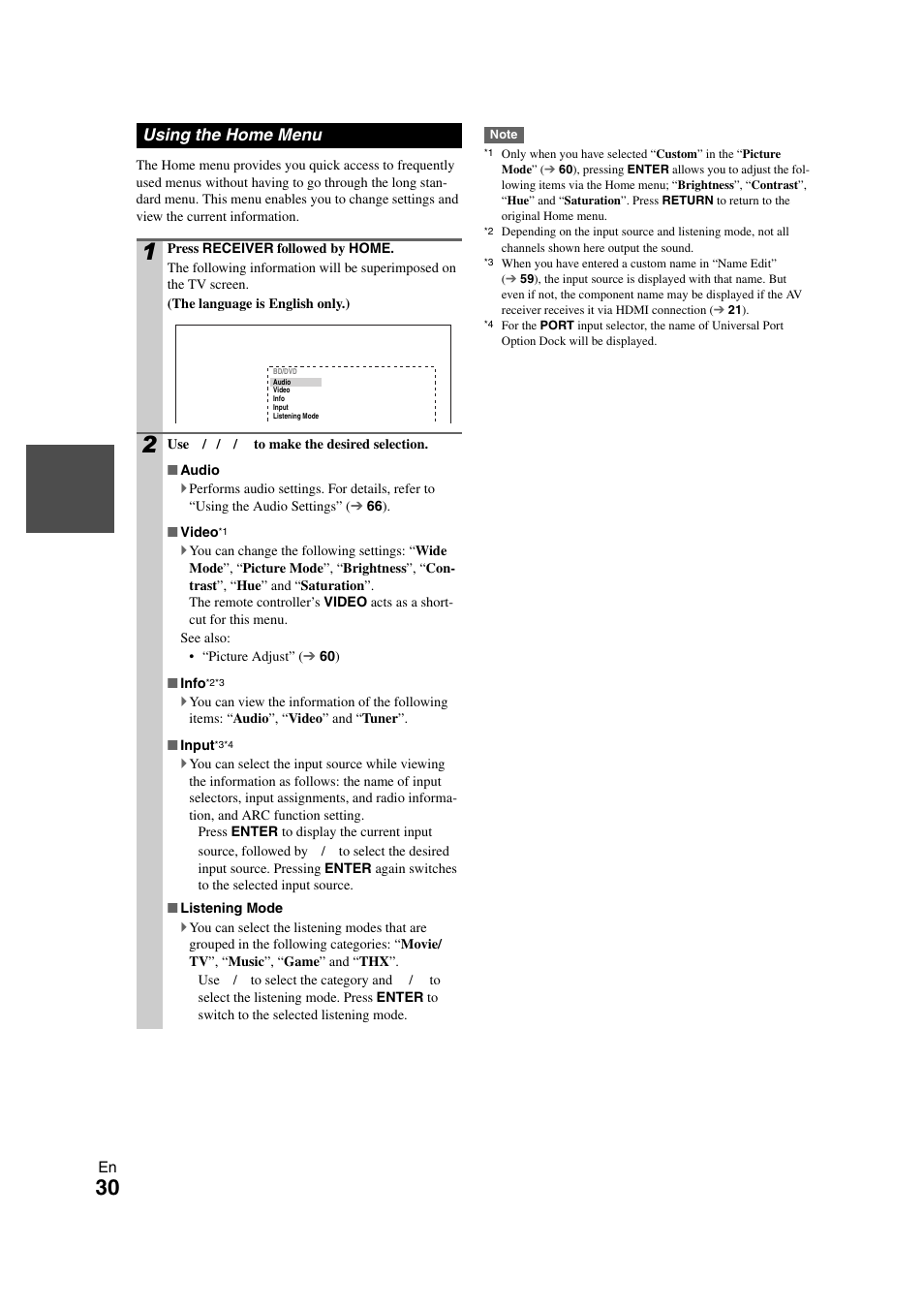 Using the home menu | Onkyo TX-NR3008 User Manual | Page 30 / 116