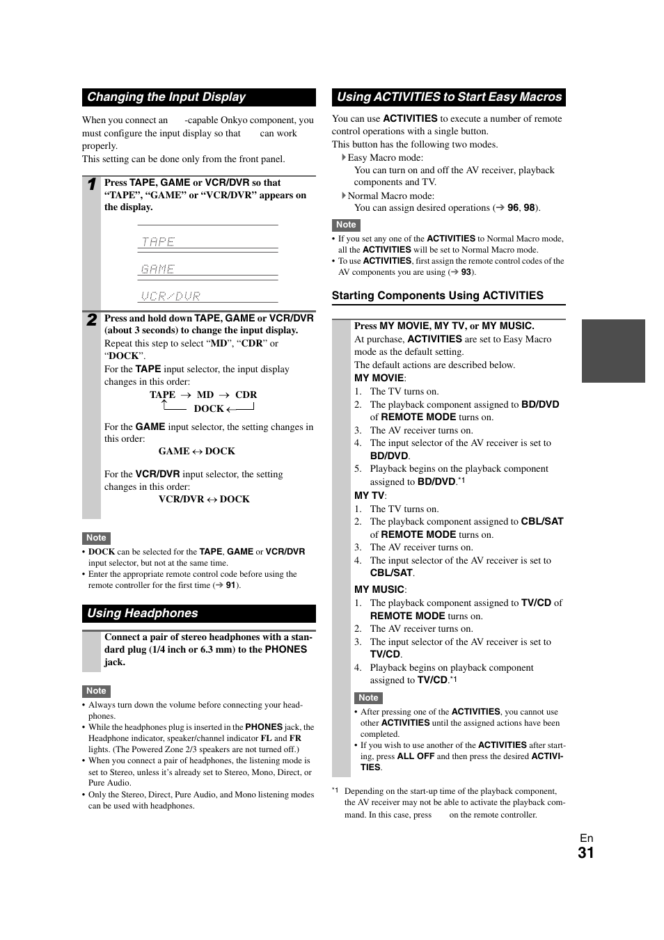Changing the input display, Using headphones, Using activities to start easy macros | Onkyo TX-NR3008 User Manual | Page 31 / 116