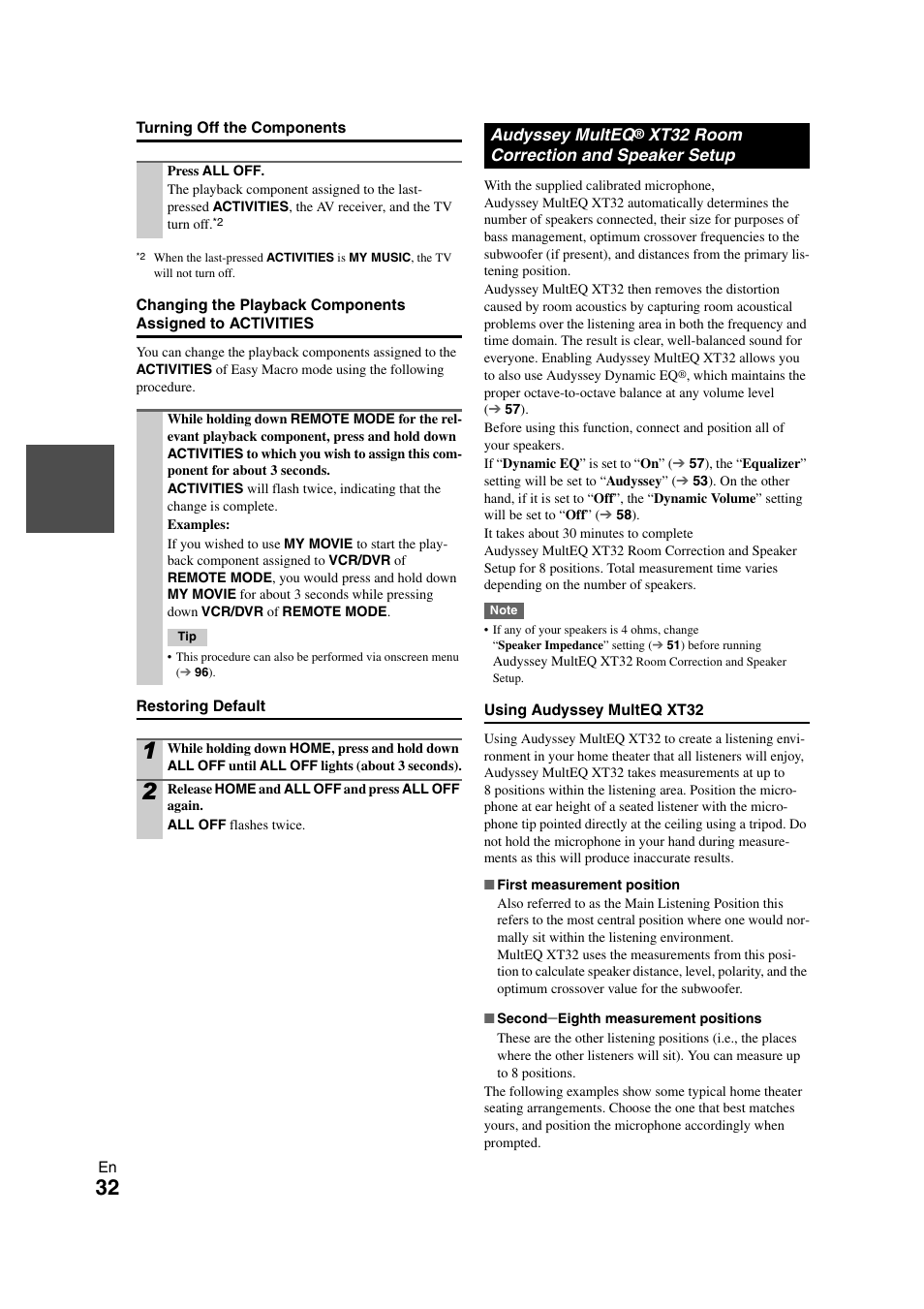 Audyssey multeq, Cator, Cally | Onkyo TX-NR3008 User Manual | Page 32 / 116