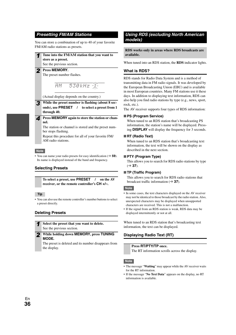 Presetting fm/am stations, Using rds (excluding north american models), To 36 | Onkyo TX-NR3008 User Manual | Page 36 / 116
