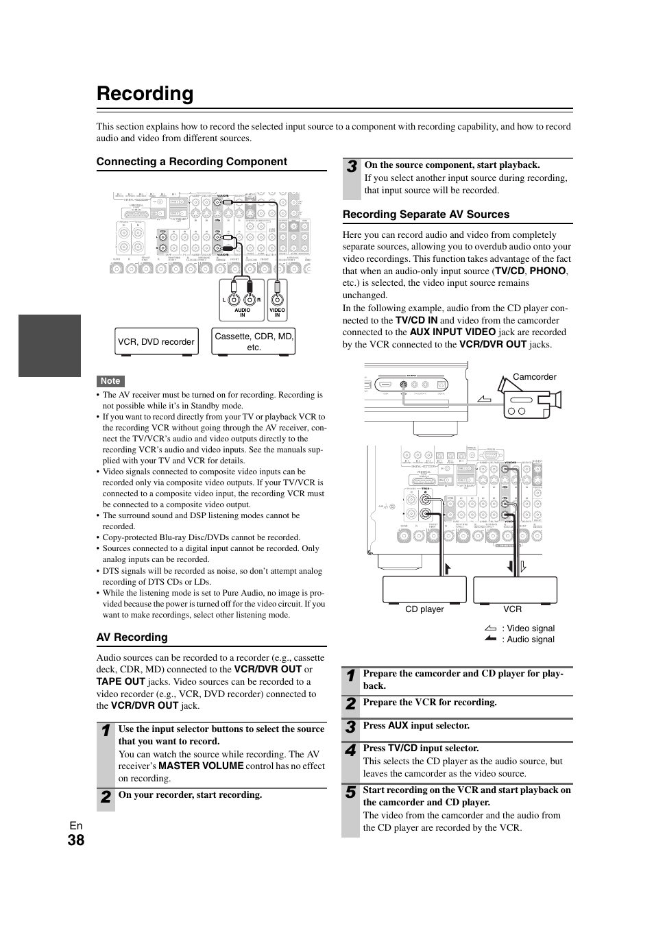Recording, Video recording | Onkyo TX-NR3008 User Manual | Page 38 / 116