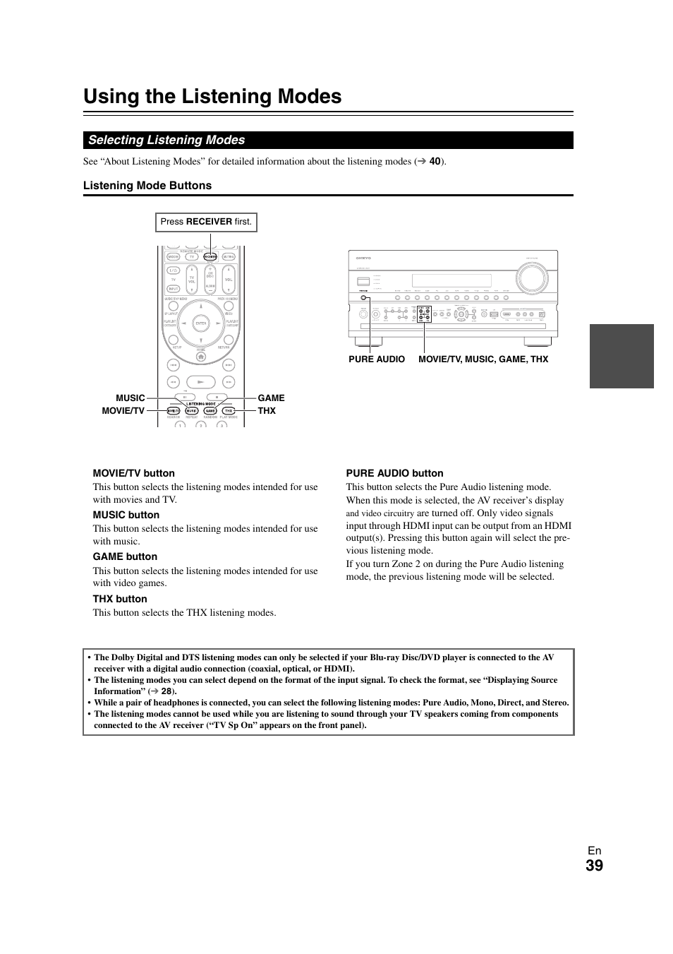 Using the listening modes, Selecting listening modes | Onkyo TX-NR3008 User Manual | Page 39 / 116