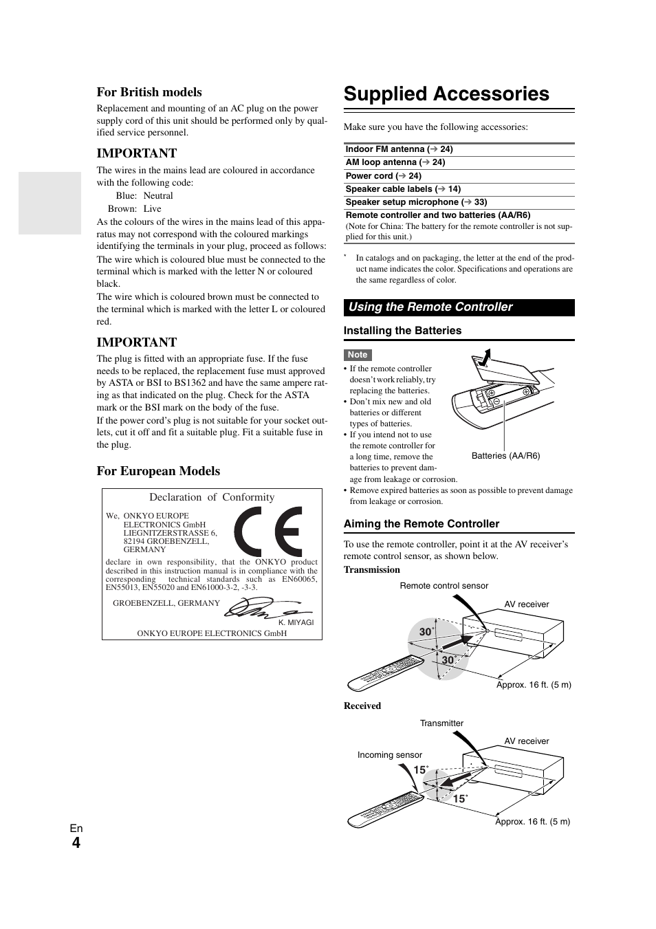 Supplied accessories, Using the remote controller, For british models | Important, For european models | Onkyo TX-NR3008 User Manual | Page 4 / 116
