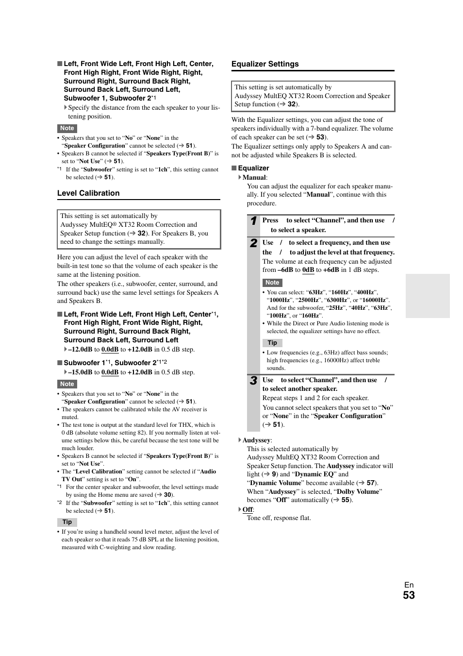 Level calibration, Equalizer settings | Onkyo TX-NR3008 User Manual | Page 53 / 116