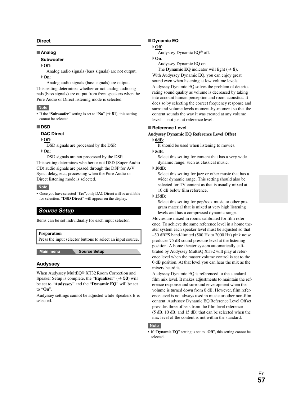Source setup, Audyssey, 57 ), the | Onkyo TX-NR3008 User Manual | Page 57 / 116