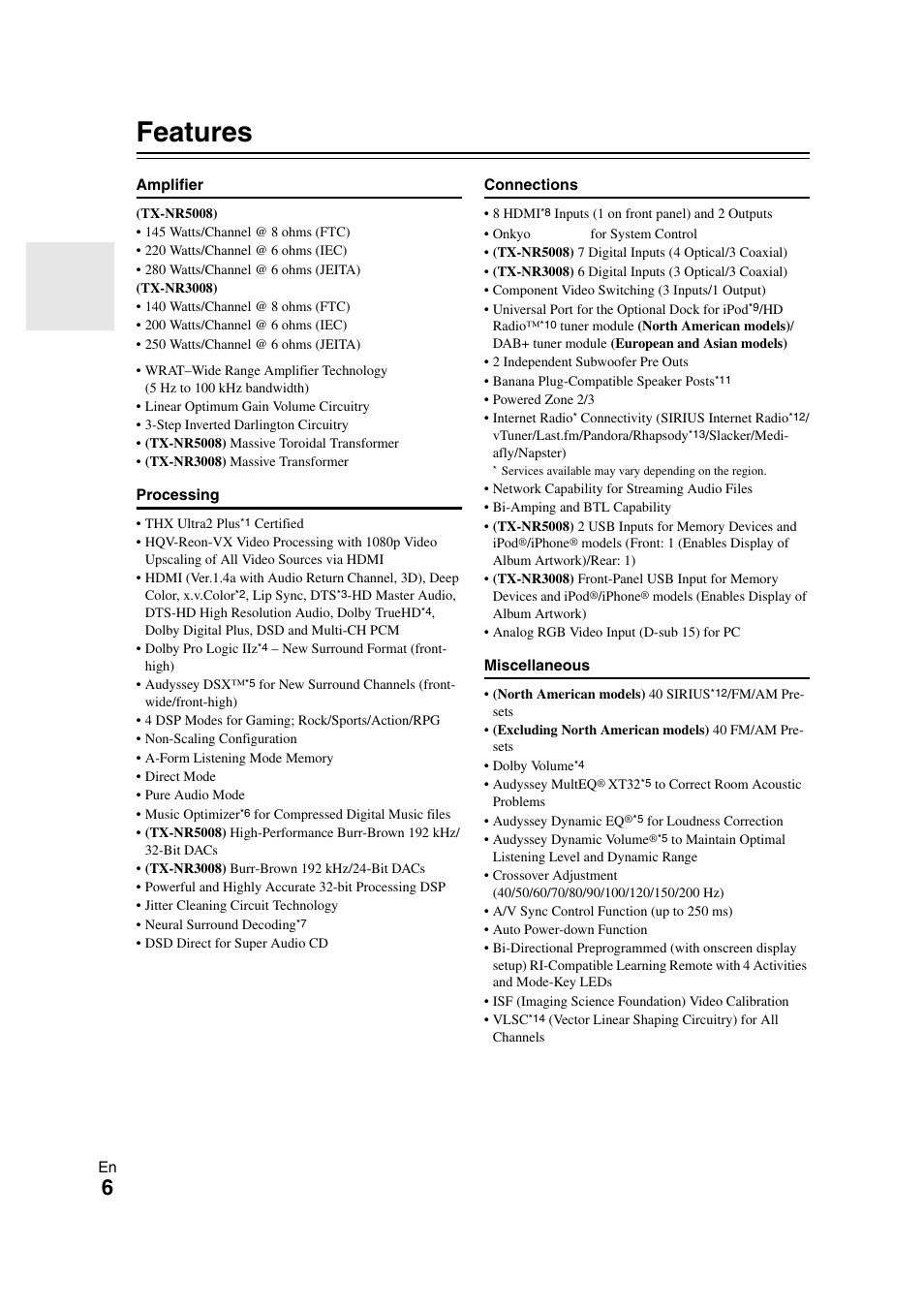 Features | Onkyo TX-NR3008 User Manual | Page 6 / 116