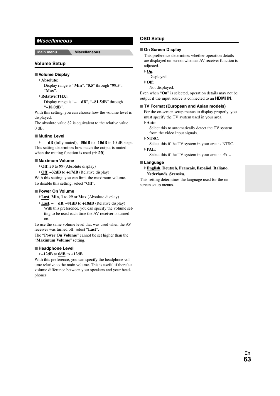 Miscellaneous, S. see “language” in the “osd setup | Onkyo TX-NR3008 User Manual | Page 63 / 116